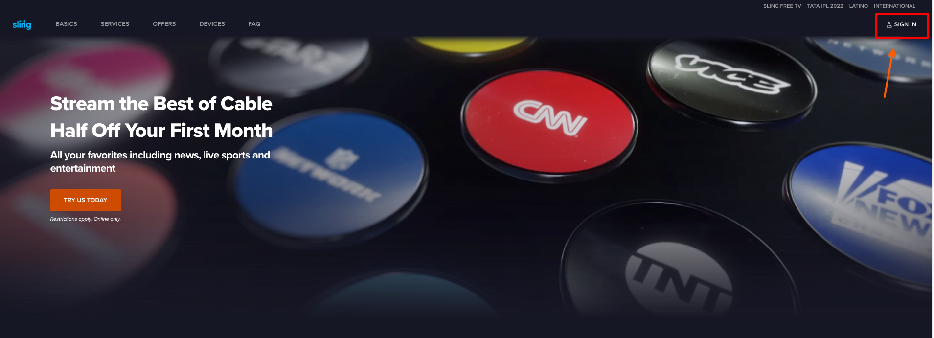 sling tv sign in page