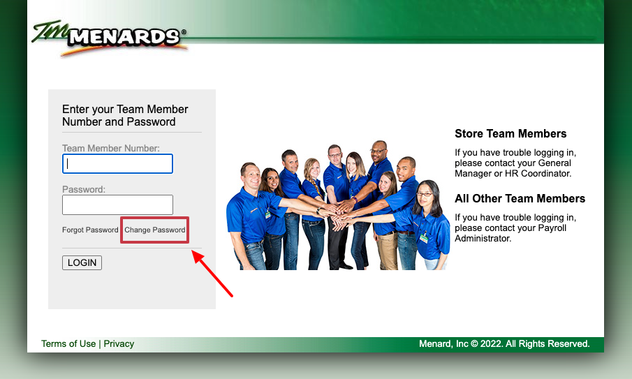 TM Menards change password page