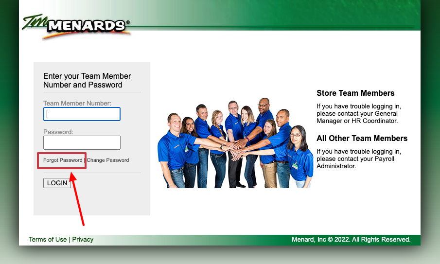 TM Menards forgot password page
