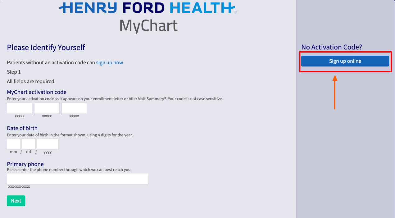 henry ford mychart sign up without activation code page