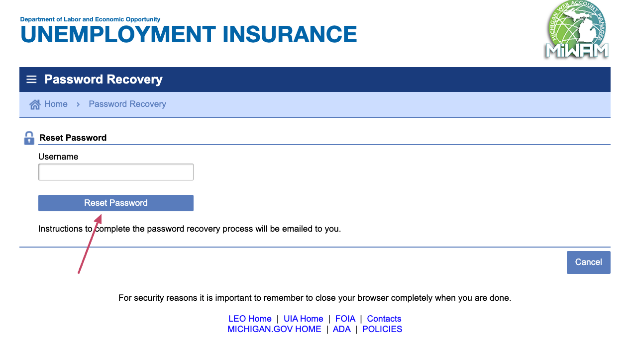 MiWAM Employers forgot password
