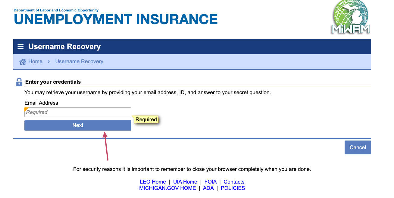 MiWAM Employers forgot username
