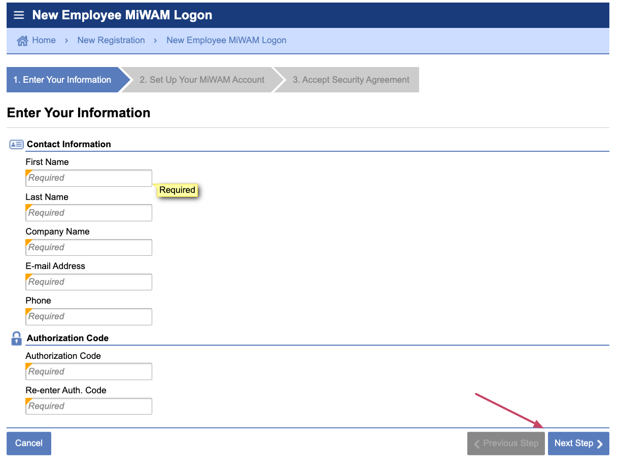 New Employee MiWAM Login page